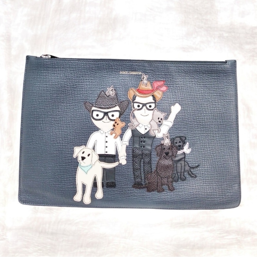 Dolce & Gabbana Navy Leather Pouch with Dog Design - EUC - Approx 30x20 CM